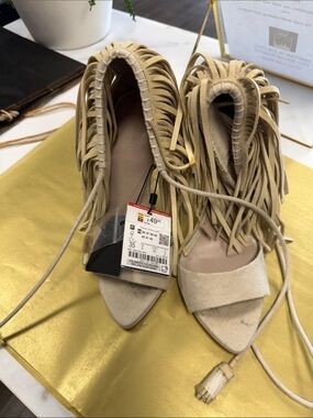 Zara Beige Fringe Suede Lace-Up Heels